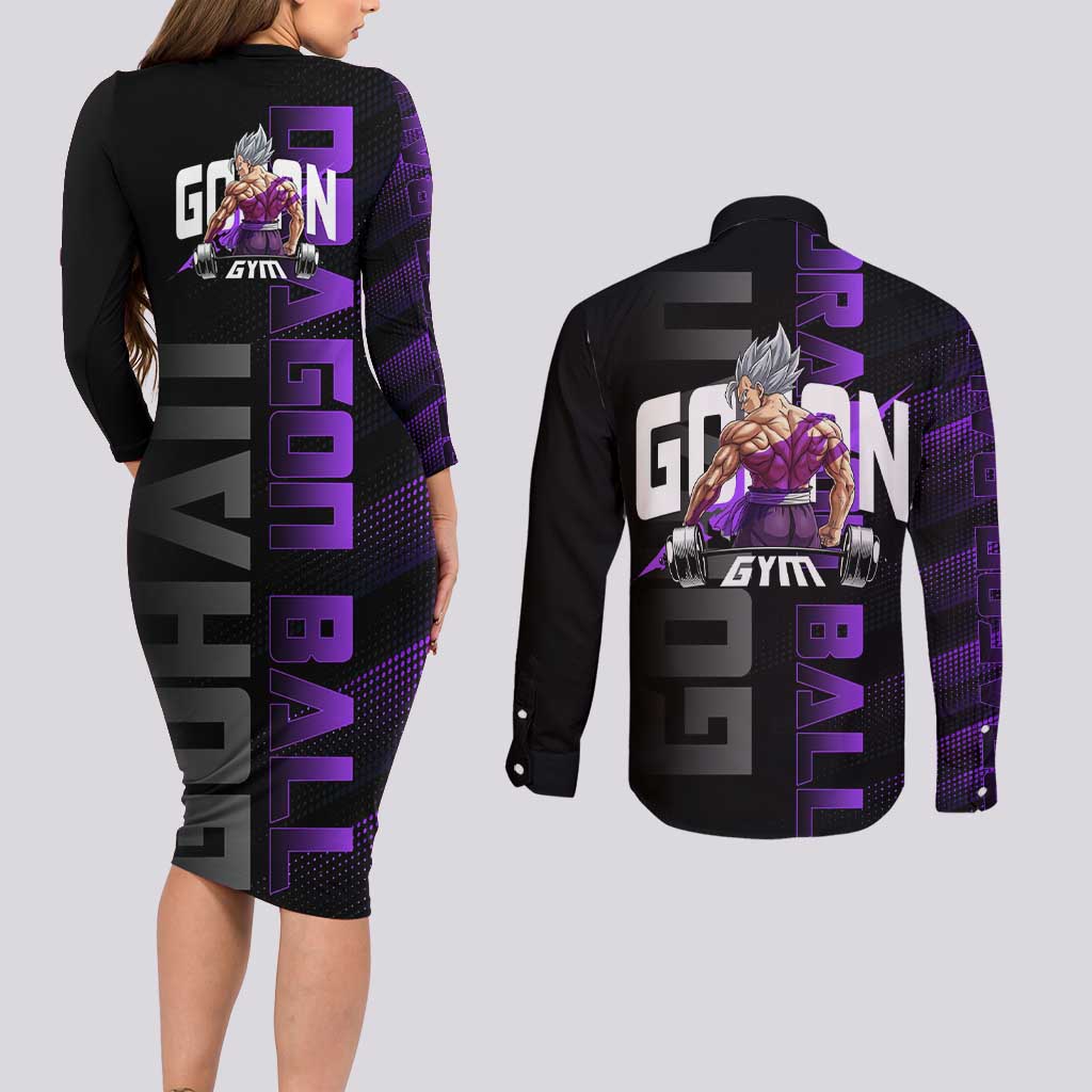 Gohan Dragon Ball Gym Theme Couples Matching Long Sleeve Bodycon Dress and Long Sleeve Button Shirt with Dumbbell Power Lift and Electric Aura on Black and Purple Design - The Mazicc