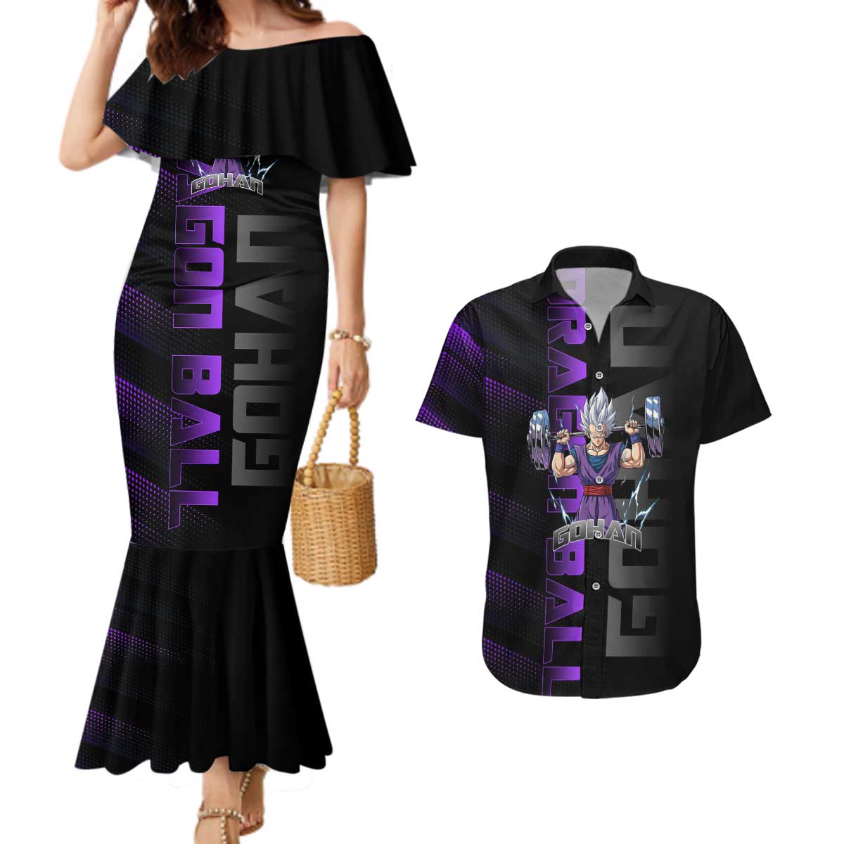 Gohan Dragon Ball Gym Theme Couples Matching Mermaid Dress and Hawaiian Shirt with Dumbbell Power Lift and Electric Aura on Black and Purple Design - The Mazicc
