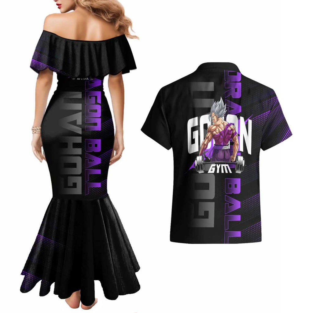 Gohan Dragon Ball Gym Theme Couples Matching Mermaid Dress and Hawaiian Shirt with Dumbbell Power Lift and Electric Aura on Black and Purple Design - The Mazicc