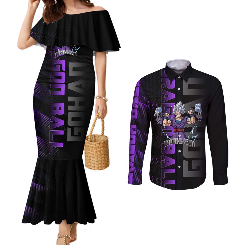 Gohan Dragon Ball Gym Theme Couples Matching Mermaid Dress and Long Sleeve Button Shirt with Dumbbell Power Lift and Electric Aura on Black and Purple Design - The Mazicc