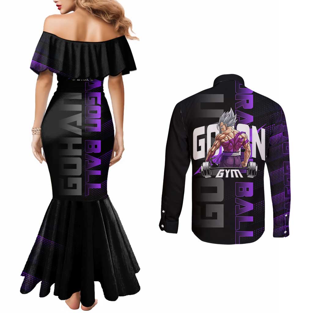 Gohan Dragon Ball Gym Theme Couples Matching Mermaid Dress and Long Sleeve Button Shirt with Dumbbell Power Lift and Electric Aura on Black and Purple Design - The Mazicc