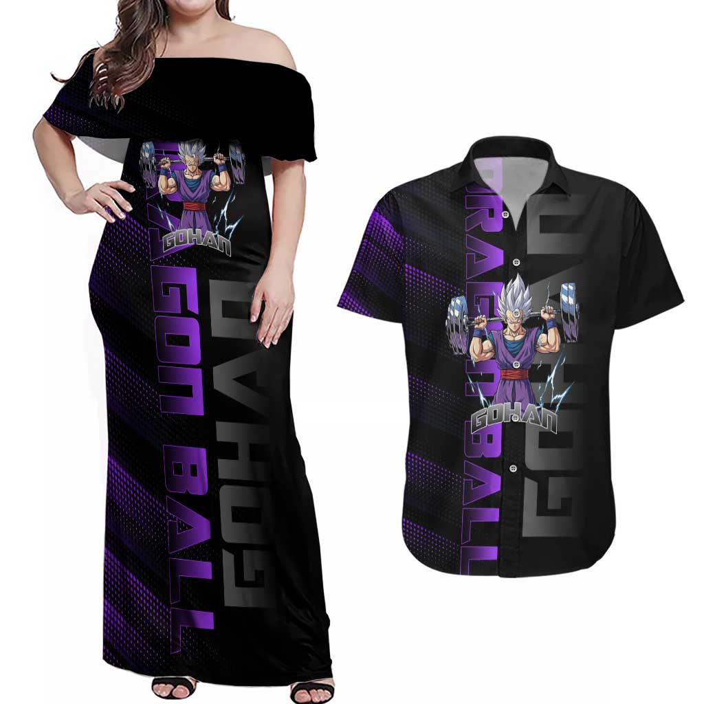 Gohan Dragon Ball Gym Theme Couples Matching Off Shoulder Maxi Dress and Hawaiian Shirt with Dumbbell Power Lift and Electric Aura on Black and Purple Design - The Mazicc