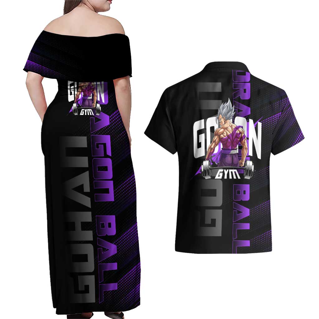 Gohan Dragon Ball Gym Theme Couples Matching Off Shoulder Maxi Dress and Hawaiian Shirt with Dumbbell Power Lift and Electric Aura on Black and Purple Design - The Mazicc