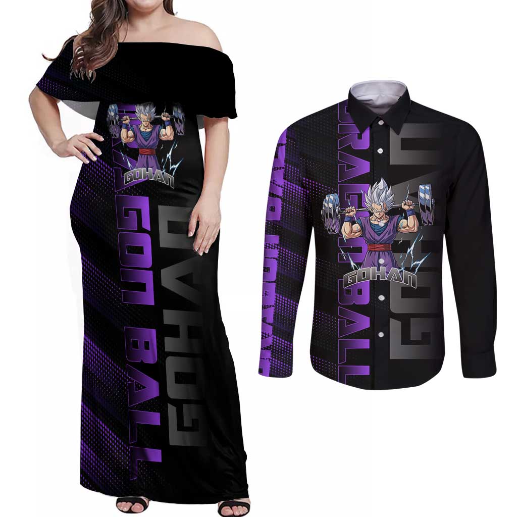 Gohan Dragon Ball Gym Theme Couples Matching Off Shoulder Maxi Dress and Long Sleeve Button Shirt with Dumbbell Power Lift and Electric Aura on Black and Purple Design - The Mazicc