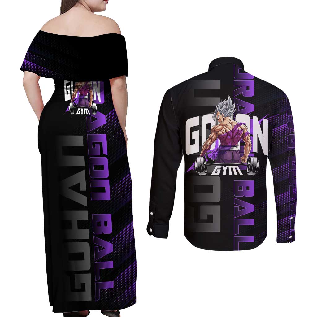 Gohan Dragon Ball Gym Theme Couples Matching Off Shoulder Maxi Dress and Long Sleeve Button Shirt with Dumbbell Power Lift and Electric Aura on Black and Purple Design - The Mazicc