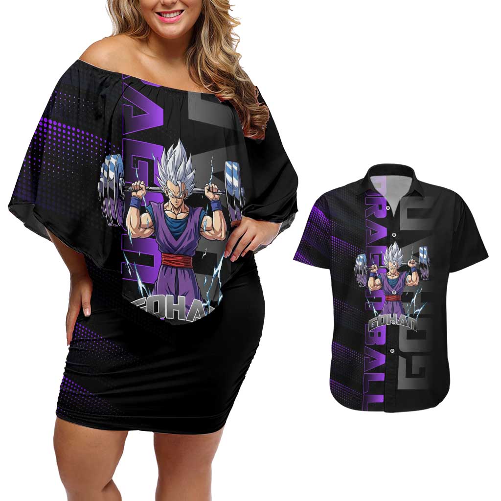 Gohan Dragon Ball Gym Theme Couples Matching Off Shoulder Short Dress and Hawaiian Shirt with Dumbbell Power Lift and Electric Aura on Black and Purple Design - The Mazicc