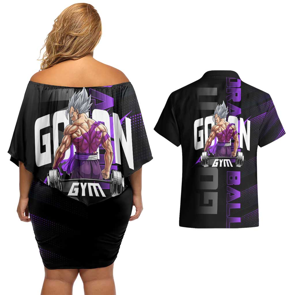 Gohan Dragon Ball Gym Theme Couples Matching Off Shoulder Short Dress and Hawaiian Shirt with Dumbbell Power Lift and Electric Aura on Black and Purple Design - The Mazicc