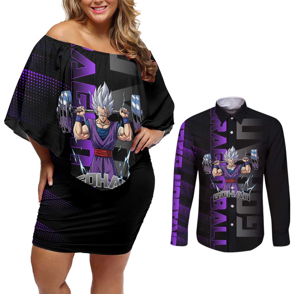 Gohan Dragon Ball Gym Theme Couples Matching Off Shoulder Short Dress and Long Sleeve Button Shirt with Dumbbell Power Lift and Electric Aura on Black and Purple Design - The Mazicc