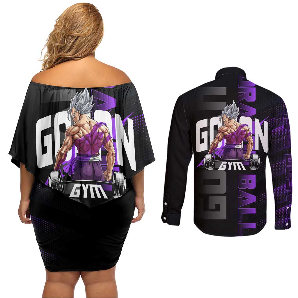 Gohan Dragon Ball Gym Theme Couples Matching Off Shoulder Short Dress and Long Sleeve Button Shirt with Dumbbell Power Lift and Electric Aura on Black and Purple Design - The Mazicc