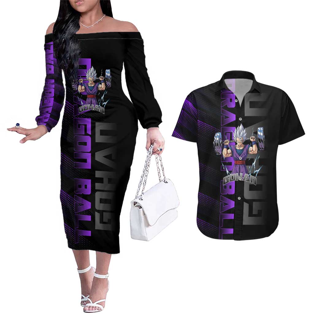 Gohan Dragon Ball Gym Theme Couples Matching Off The Shoulder Long Sleeve Dress and Hawaiian Shirt with Dumbbell Power Lift and Electric Aura on Black and Purple Design - The Mazicc