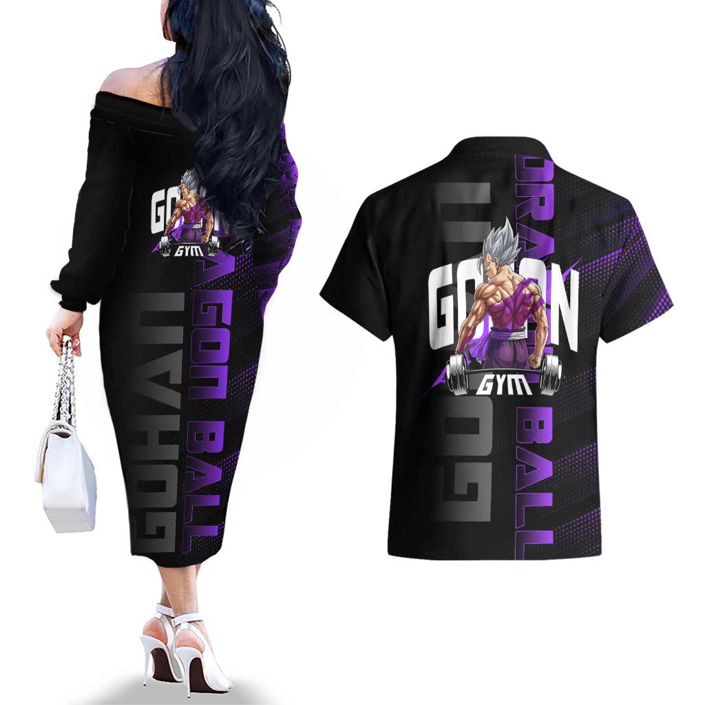 Gohan Dragon Ball Gym Theme Couples Matching Off The Shoulder Long Sleeve Dress and Hawaiian Shirt with Dumbbell Power Lift and Electric Aura on Black and Purple Design - The Mazicc