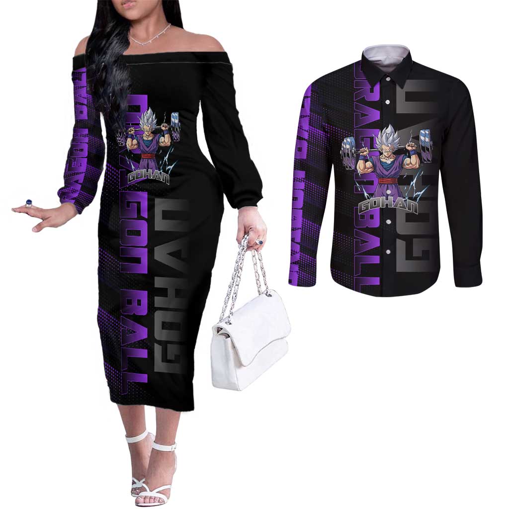 Gohan Dragon Ball Gym Theme Couples Matching Off The Shoulder Long Sleeve Dress and Long Sleeve Button Shirt with Dumbbell Power Lift and Electric Aura on Black and Purple Design - The Mazicc