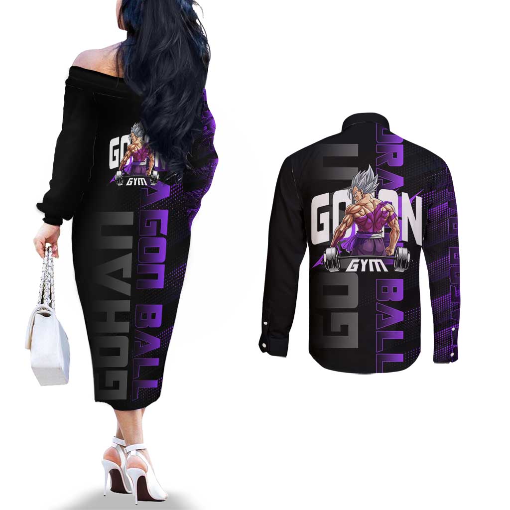 Gohan Dragon Ball Gym Theme Couples Matching Off The Shoulder Long Sleeve Dress and Long Sleeve Button Shirt with Dumbbell Power Lift and Electric Aura on Black and Purple Design - The Mazicc