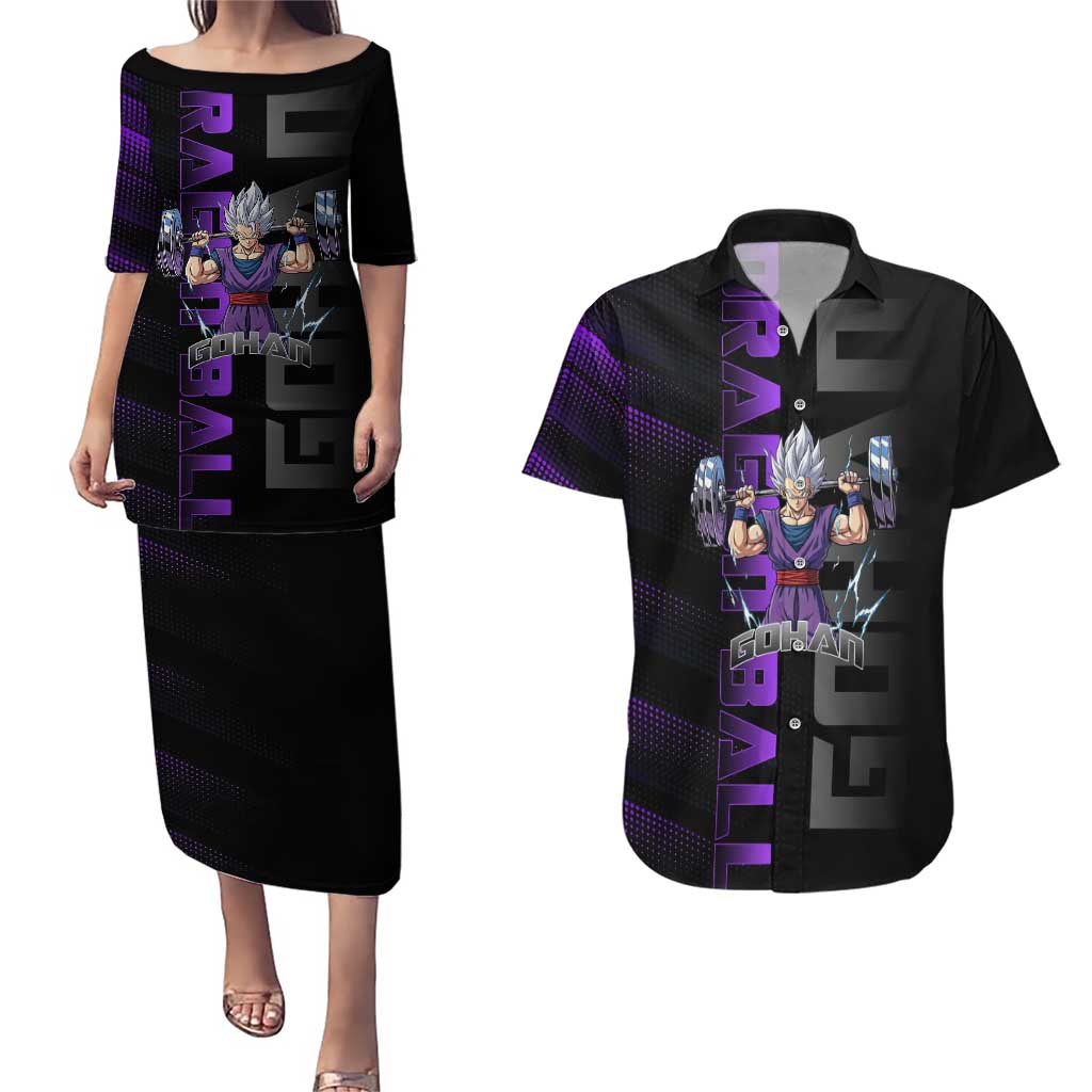 Gohan Dragon Ball Gym Theme Couples Matching Puletasi and Hawaiian Shirt with Dumbbell Power Lift and Electric Aura on Black and Purple Design - The Mazicc