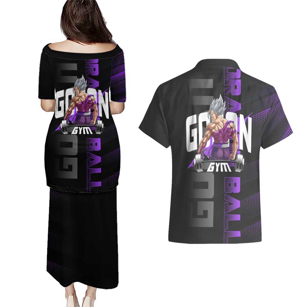 Gohan Dragon Ball Gym Theme Couples Matching Puletasi and Hawaiian Shirt with Dumbbell Power Lift and Electric Aura on Black and Purple Design - The Mazicc
