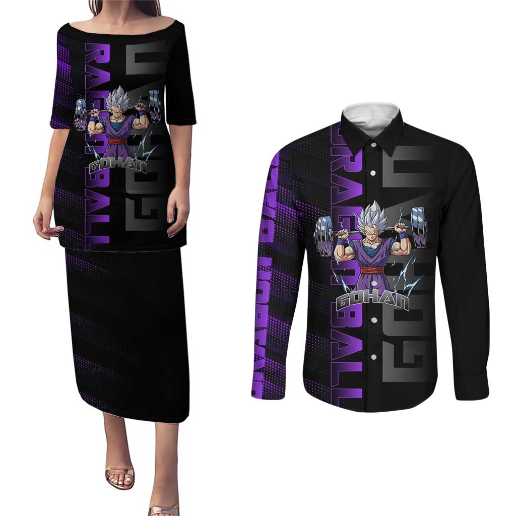 Gohan Dragon Ball Gym Theme Couples Matching Puletasi and Long Sleeve Button Shirt with Dumbbell Power Lift and Electric Aura on Black and Purple Design - The Mazicc
