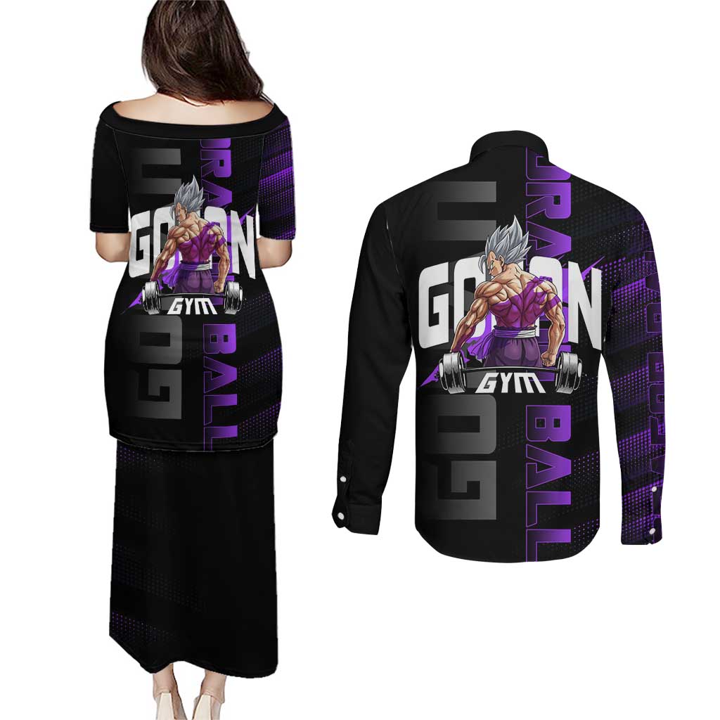 Gohan Dragon Ball Gym Theme Couples Matching Puletasi and Long Sleeve Button Shirt with Dumbbell Power Lift and Electric Aura on Black and Purple Design - The Mazicc