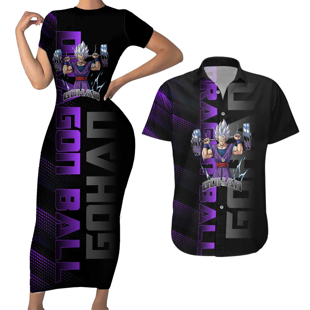 Gohan Dragon Ball Gym Theme Couples Matching Short Sleeve Bodycon Dress and Hawaiian Shirt with Dumbbell Power Lift and Electric Aura on Black and Purple Design - The Mazicc