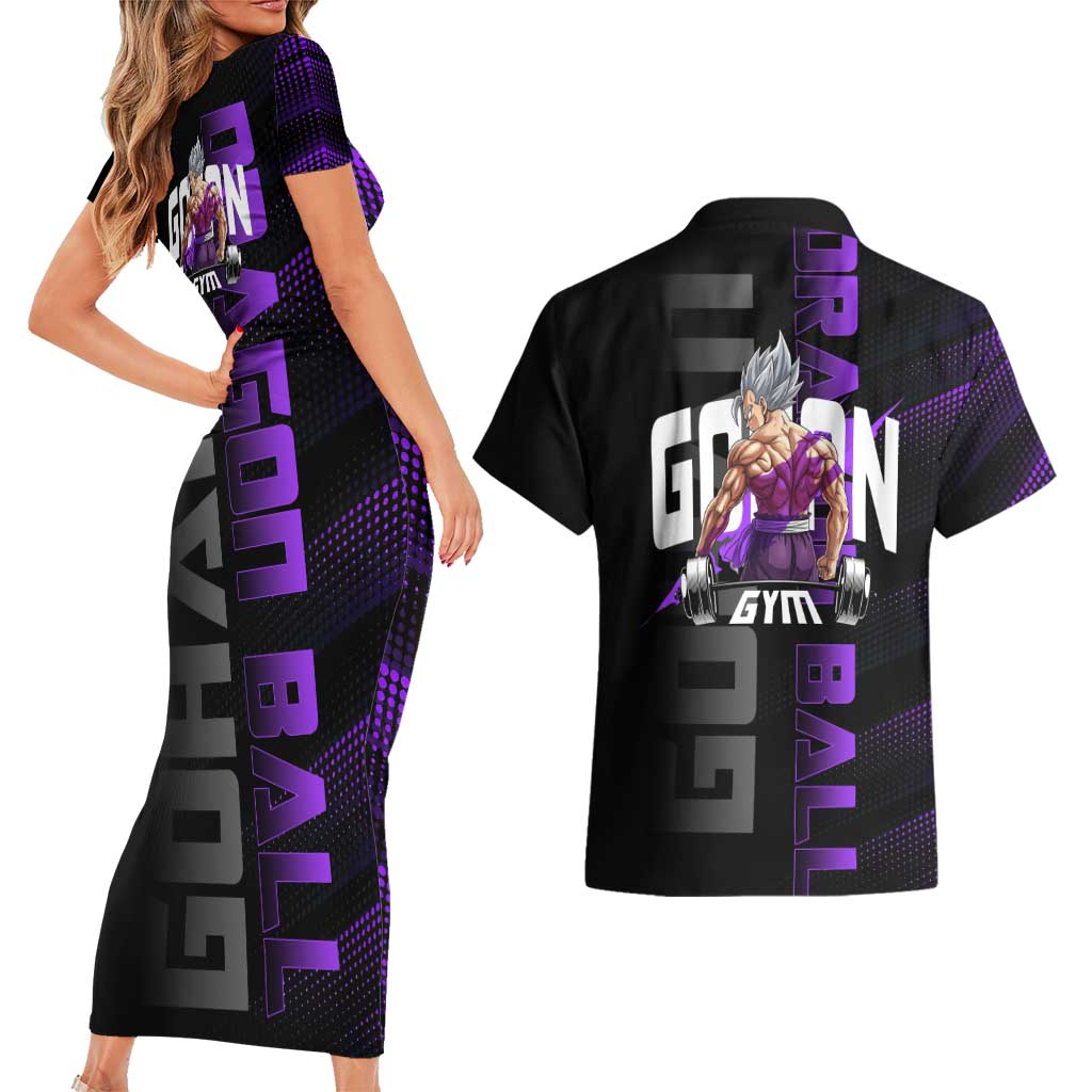 Gohan Dragon Ball Gym Theme Couples Matching Short Sleeve Bodycon Dress and Hawaiian Shirt with Dumbbell Power Lift and Electric Aura on Black and Purple Design - The Mazicc