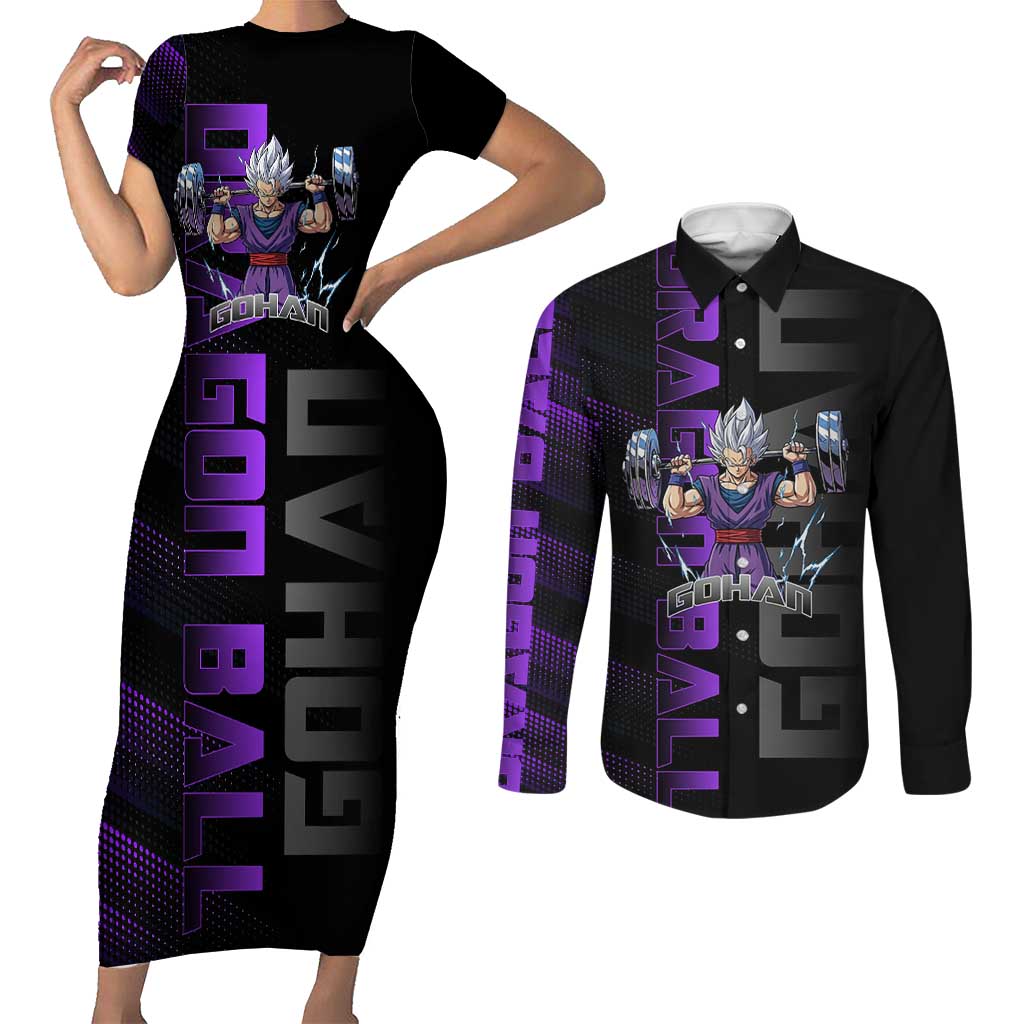 Gohan Dragon Ball Gym Theme Couples Matching Short Sleeve Bodycon Dress and Long Sleeve Button Shirt with Dumbbell Power Lift and Electric Aura on Black and Purple Design - The Mazicc