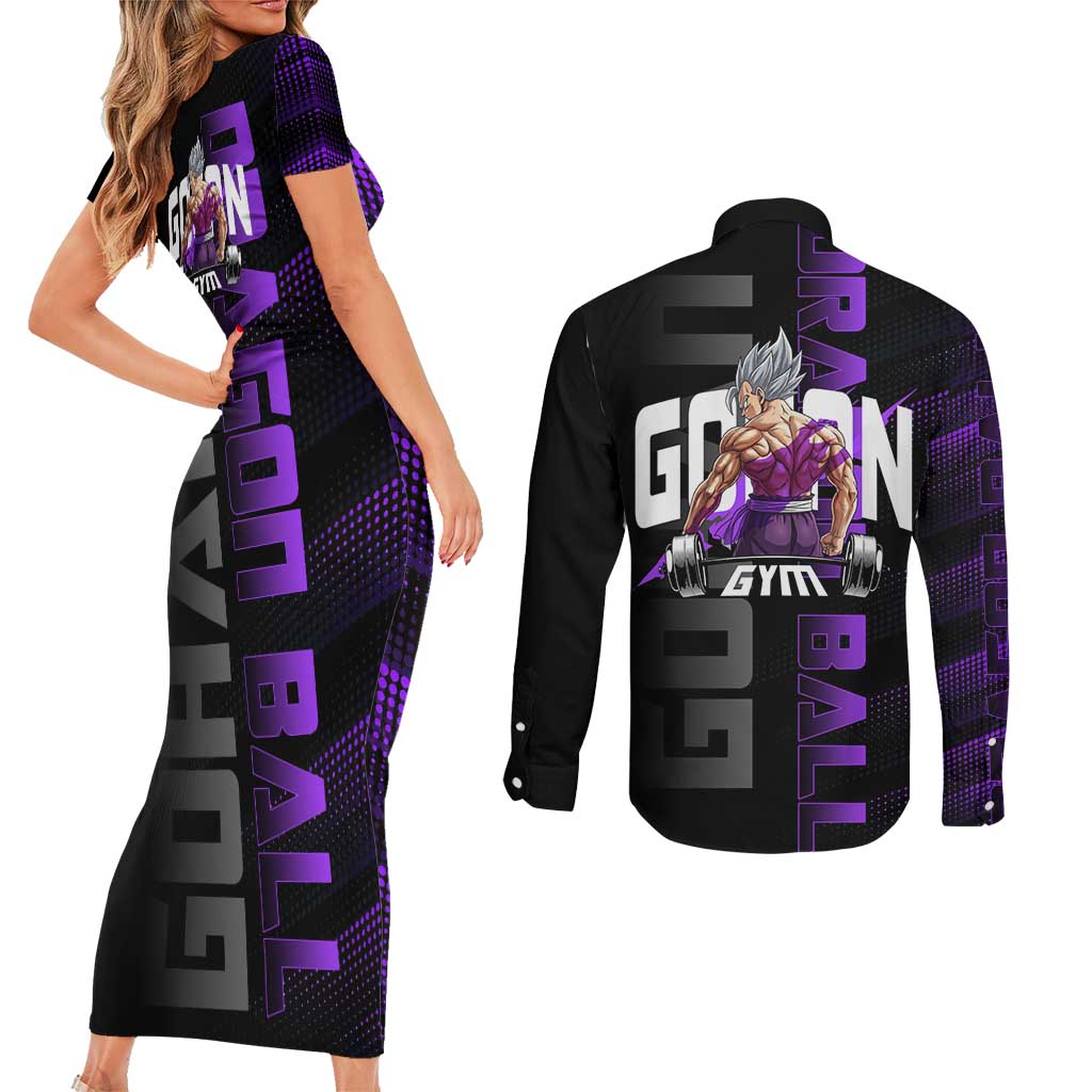 Gohan Dragon Ball Gym Theme Couples Matching Short Sleeve Bodycon Dress and Long Sleeve Button Shirt with Dumbbell Power Lift and Electric Aura on Black and Purple Design - The Mazicc