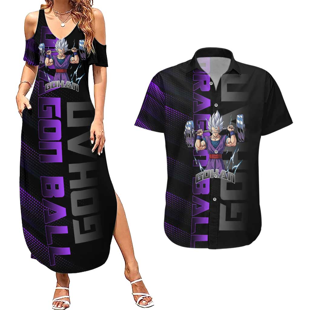 Gohan Dragon Ball Gym Theme Couples Matching Summer Maxi Dress and Hawaiian Shirt with Dumbbell Power Lift and Electric Aura on Black and Purple Design - The Mazicc