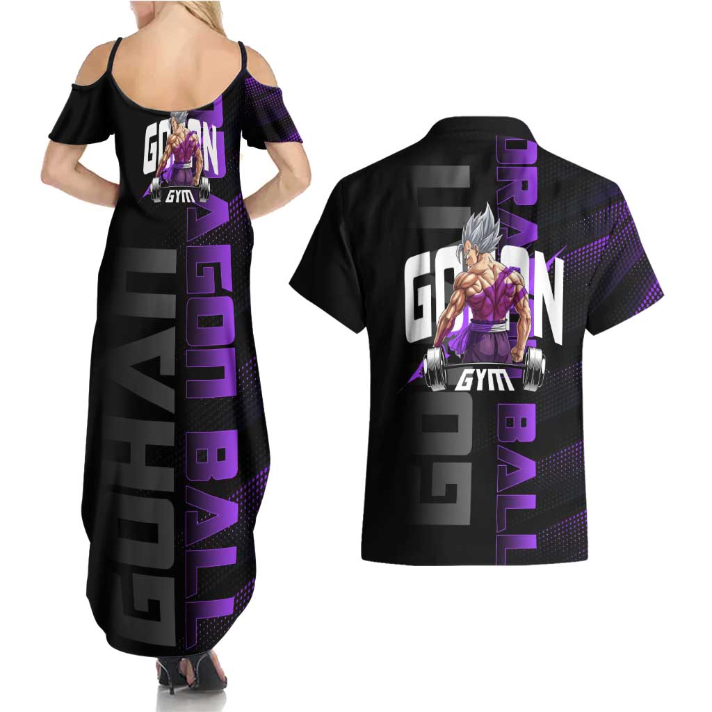 Gohan Dragon Ball Gym Theme Couples Matching Summer Maxi Dress and Hawaiian Shirt with Dumbbell Power Lift and Electric Aura on Black and Purple Design - The Mazicc