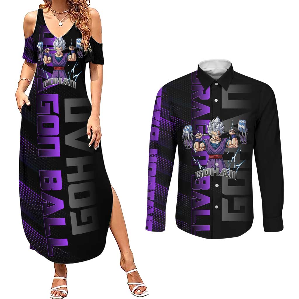 Gohan Dragon Ball Gym Theme Couples Matching Summer Maxi Dress and Long Sleeve Button Shirt with Dumbbell Power Lift and Electric Aura on Black and Purple Design - The Mazicc