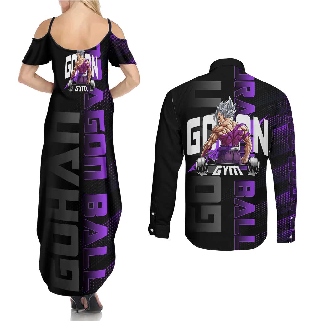 Gohan Dragon Ball Gym Theme Couples Matching Summer Maxi Dress and Long Sleeve Button Shirt with Dumbbell Power Lift and Electric Aura on Black and Purple Design - The Mazicc