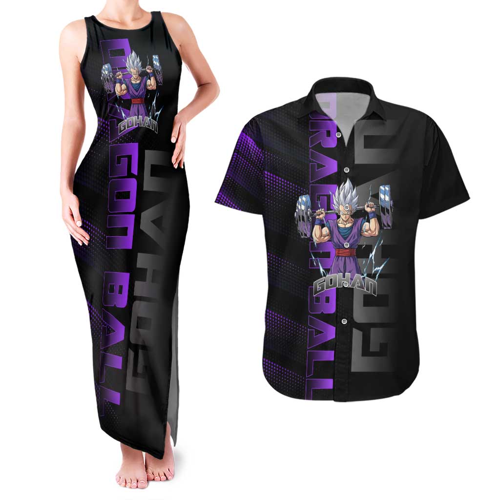 Gohan Dragon Ball Gym Theme Couples Matching Tank Maxi Dress and Hawaiian Shirt with Dumbbell Power Lift and Electric Aura on Black and Purple Design - The Mazicc