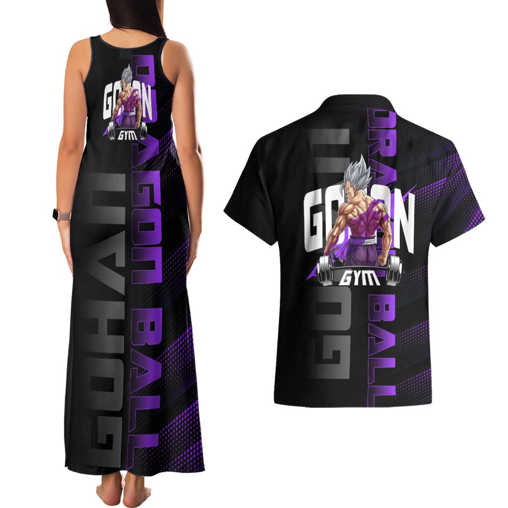 Gohan Dragon Ball Gym Theme Couples Matching Tank Maxi Dress and Hawaiian Shirt with Dumbbell Power Lift and Electric Aura on Black and Purple Design - The Mazicc