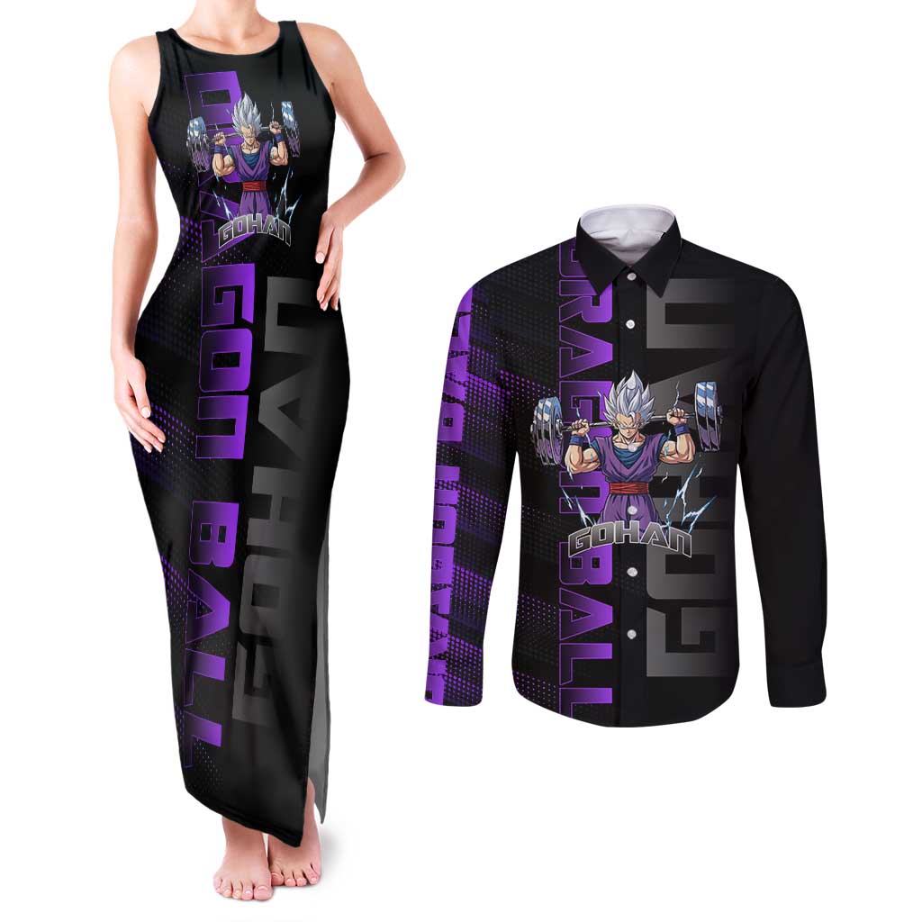 Gohan Dragon Ball Gym Theme Couples Matching Tank Maxi Dress and Long Sleeve Button Shirt with Dumbbell Power Lift and Electric Aura on Black and Purple Design - The Mazicc