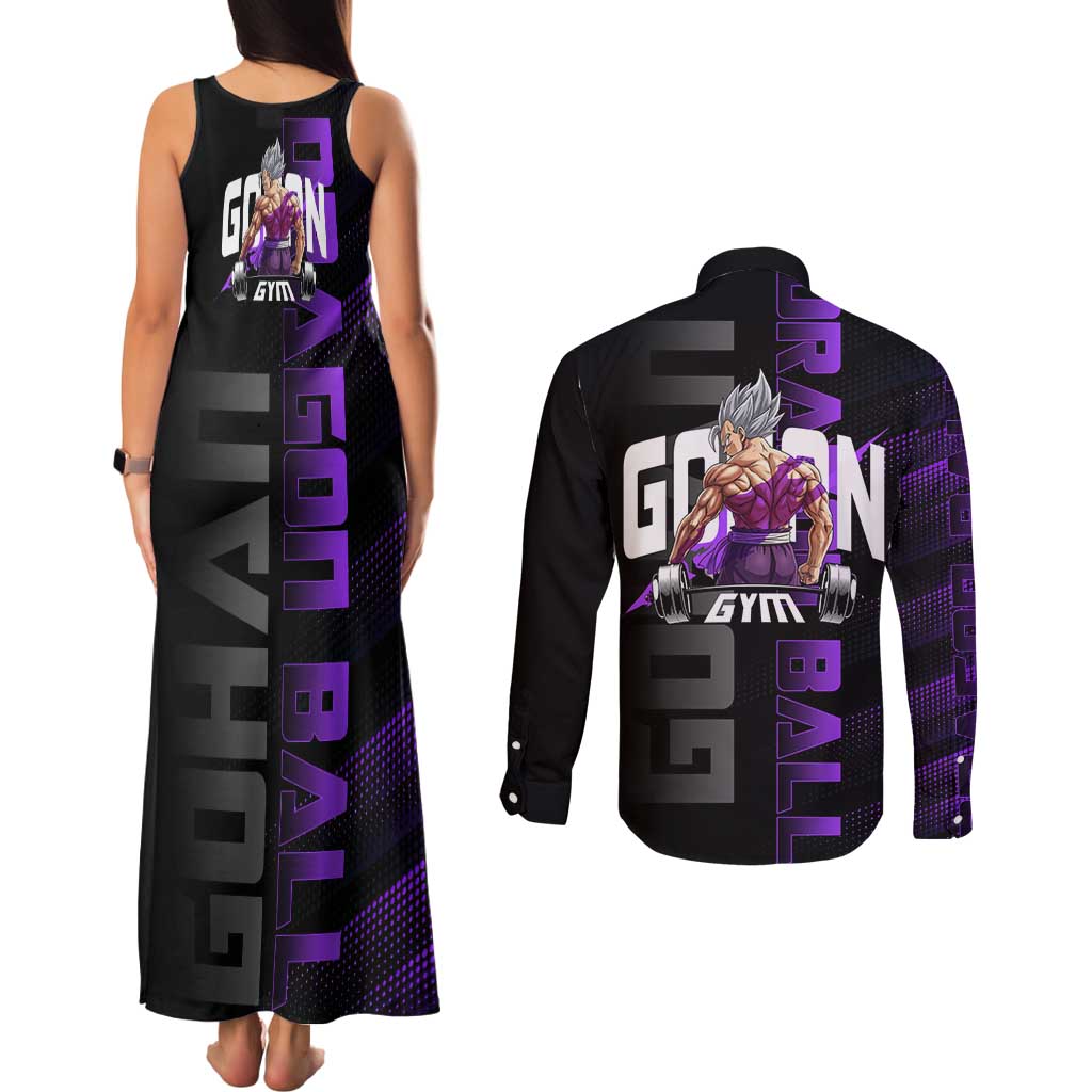 Gohan Dragon Ball Gym Theme Couples Matching Tank Maxi Dress and Long Sleeve Button Shirt with Dumbbell Power Lift and Electric Aura on Black and Purple Design - The Mazicc