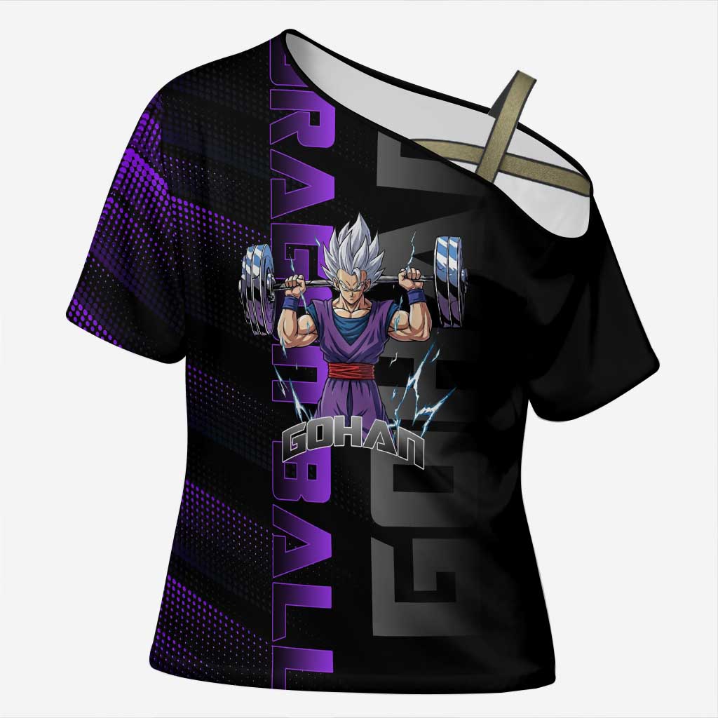 Gohan Dragon Ball Gym Theme Cross Shoulder Shirt with Dumbbell Power Lift and Electric Aura on Black and Purple Design - The Mazicc