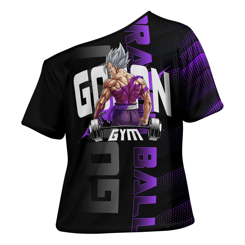 Gohan Dragon Ball Gym Theme Cross Shoulder Shirt with Dumbbell Power Lift and Electric Aura on Black and Purple Design - The Mazicc