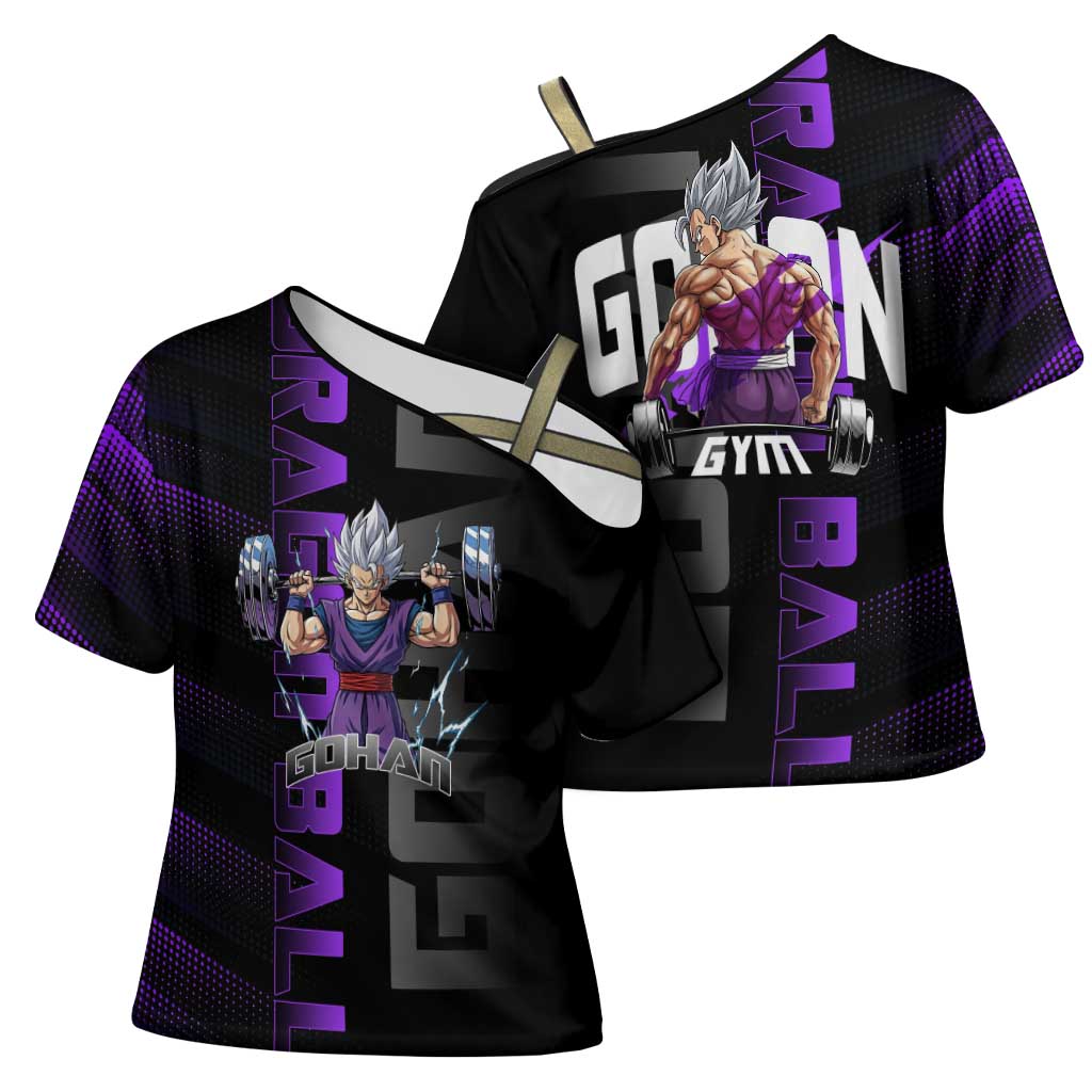 Gohan Dragon Ball Gym Theme Cross Shoulder Shirt with Dumbbell Power Lift and Electric Aura on Black and Purple Design - The Mazicc