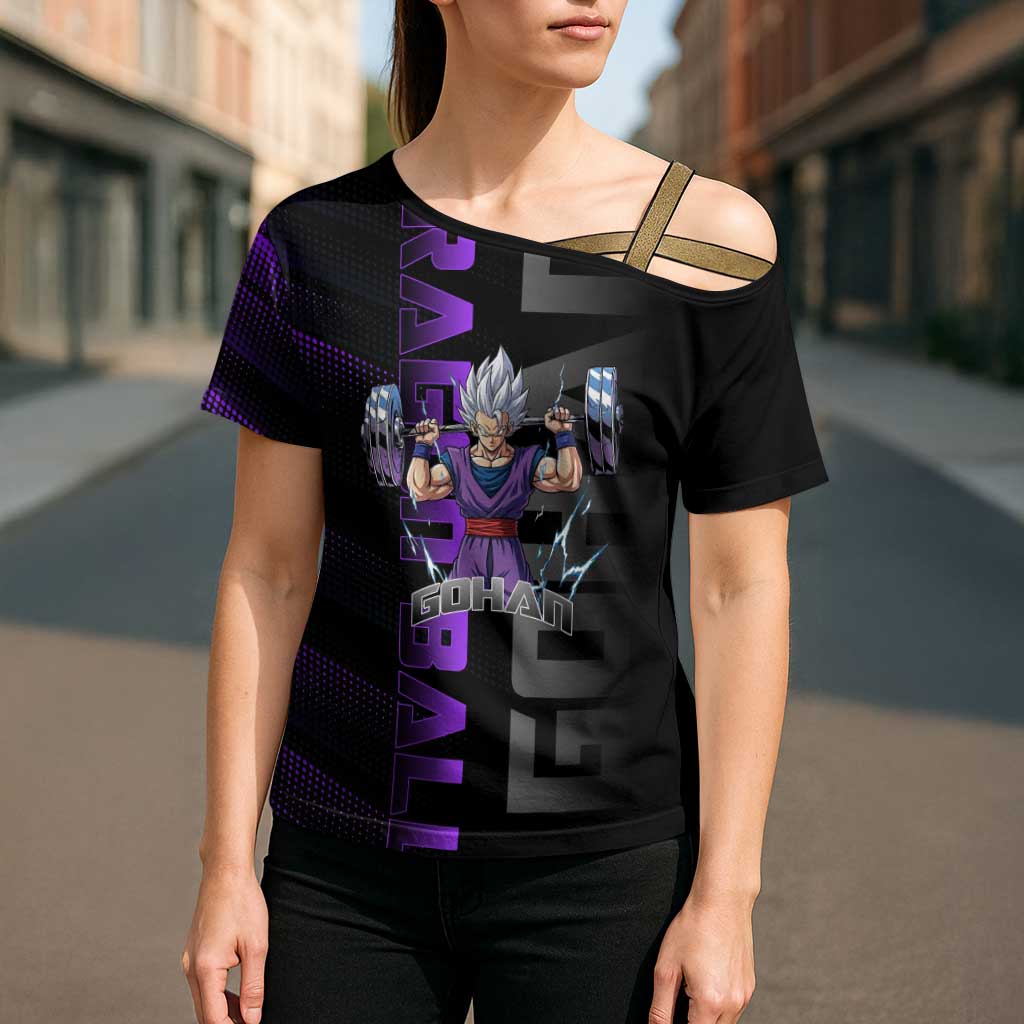 Gohan Dragon Ball Gym Theme Cross Shoulder Shirt with Dumbbell Power Lift and Electric Aura on Black and Purple Design - The Mazicc