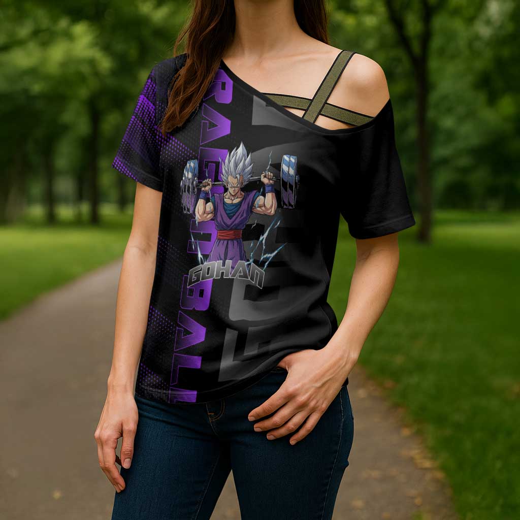 Gohan Dragon Ball Gym Theme Cross Shoulder Shirt with Dumbbell Power Lift and Electric Aura on Black and Purple Design - The Mazicc