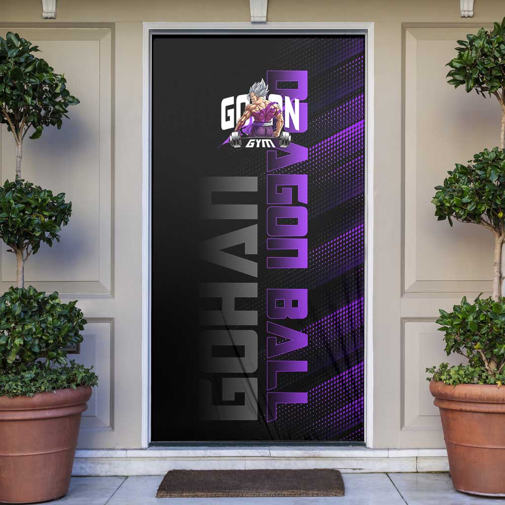 Gohan Dragon Ball Gym Theme Door Cover with Dumbbell Power Lift and Electric Aura on Black and Purple Design - The Mazicc