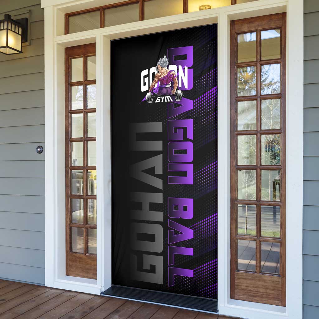 Gohan Dragon Ball Gym Theme Door Cover with Dumbbell Power Lift and Electric Aura on Black and Purple Design - The Mazicc
