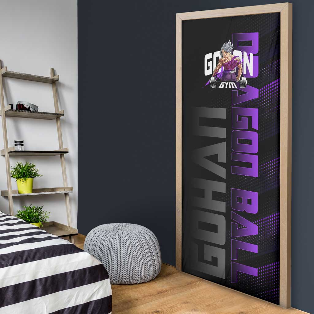 Gohan Dragon Ball Gym Theme Door Cover with Dumbbell Power Lift and Electric Aura on Black and Purple Design - The Mazicc