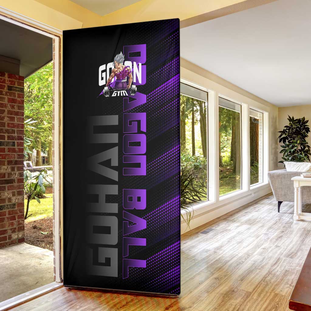 Gohan Dragon Ball Gym Theme Door Cover with Dumbbell Power Lift and Electric Aura on Black and Purple Design - The Mazicc