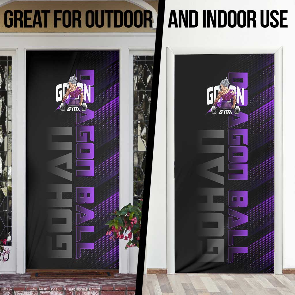 Gohan Dragon Ball Gym Theme Door Cover with Dumbbell Power Lift and Electric Aura on Black and Purple Design - The Mazicc