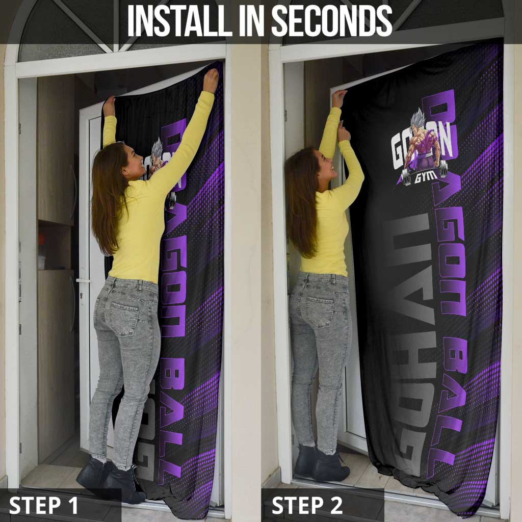 Gohan Dragon Ball Gym Theme Door Cover with Dumbbell Power Lift and Electric Aura on Black and Purple Design - The Mazicc