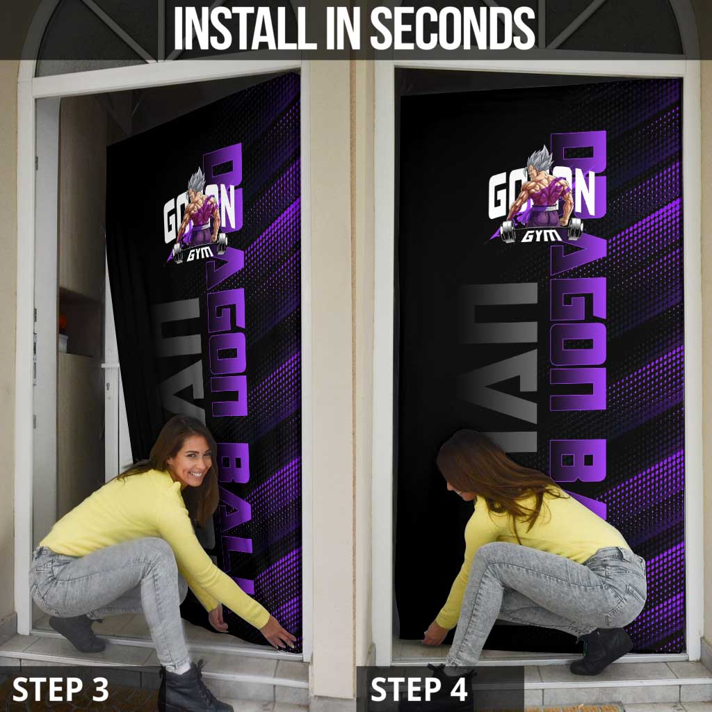 Gohan Dragon Ball Gym Theme Door Cover with Dumbbell Power Lift and Electric Aura on Black and Purple Design - The Mazicc