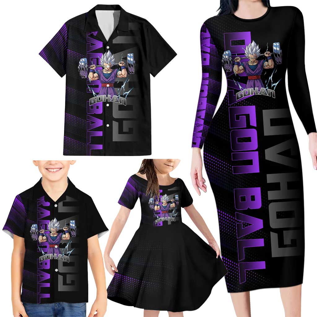 Gohan Dragon Ball Gym Theme Family Matching Long Sleeve Bodycon Dress and Hawaiian Shirt with Dumbbell Power Lift and Electric Aura on Black and Purple Design