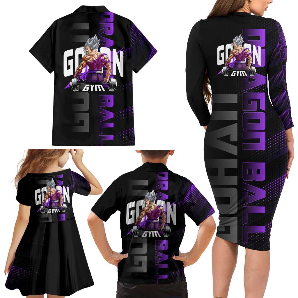 Gohan Dragon Ball Gym Theme Family Matching Long Sleeve Bodycon Dress and Hawaiian Shirt with Dumbbell Power Lift and Electric Aura on Black and Purple Design