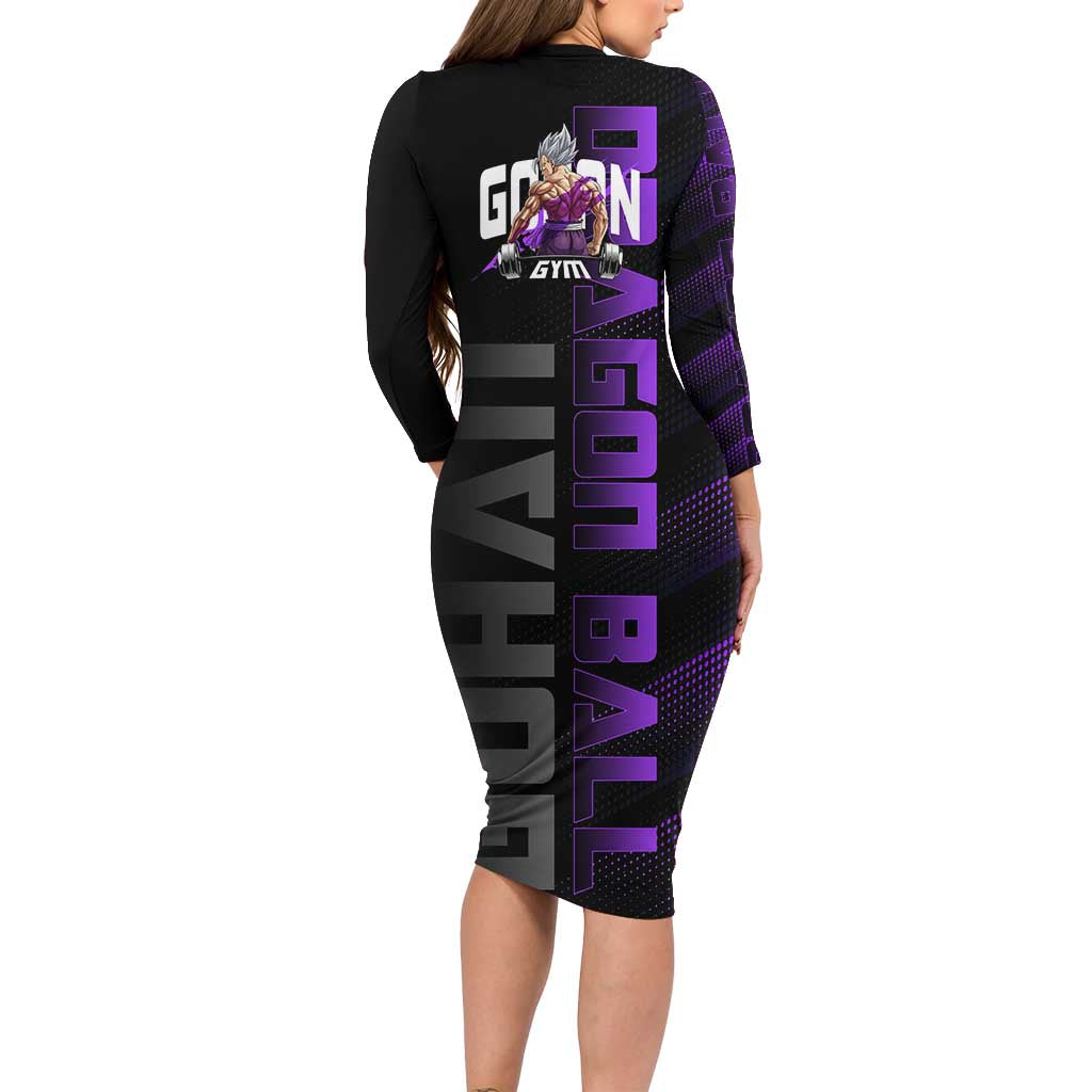 Gohan Dragon Ball Gym Theme Family Matching Long Sleeve Bodycon Dress and Hawaiian Shirt with Dumbbell Power Lift and Electric Aura on Black and Purple Design