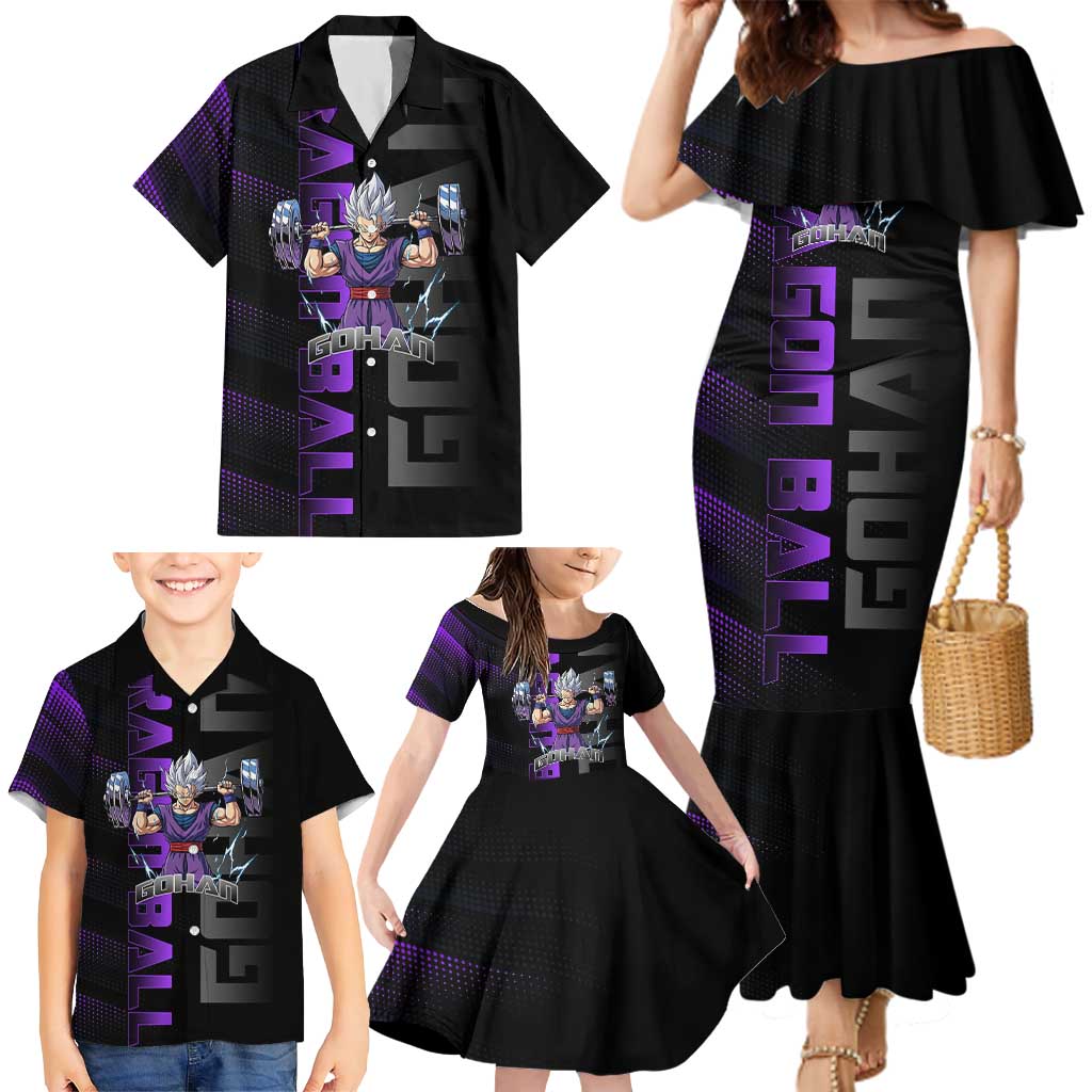 Gohan Dragon Ball Gym Theme Family Matching Mermaid Dress and Hawaiian Shirt with Dumbbell Power Lift and Electric Aura on Black and Purple Design