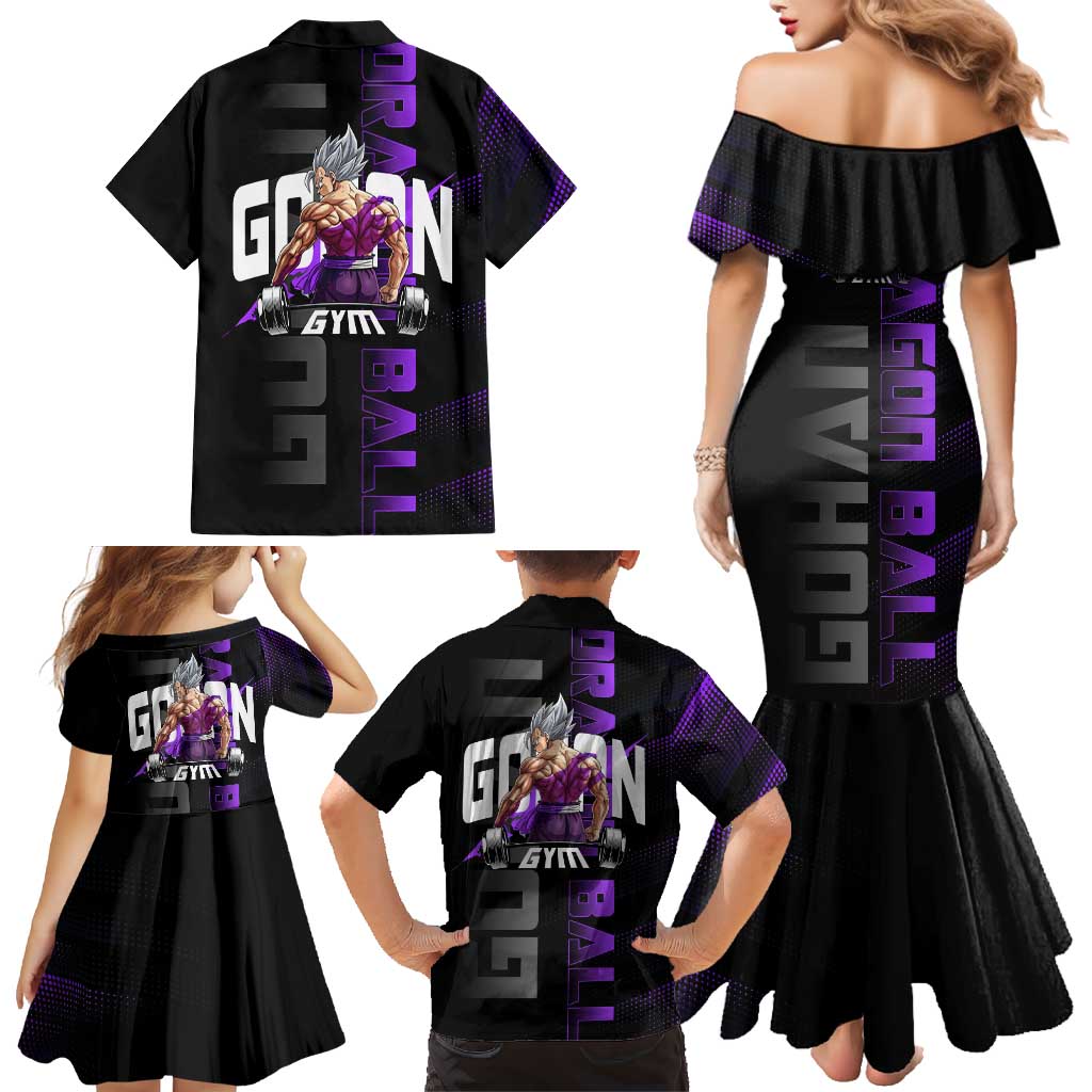 Gohan Dragon Ball Gym Theme Family Matching Mermaid Dress and Hawaiian Shirt with Dumbbell Power Lift and Electric Aura on Black and Purple Design